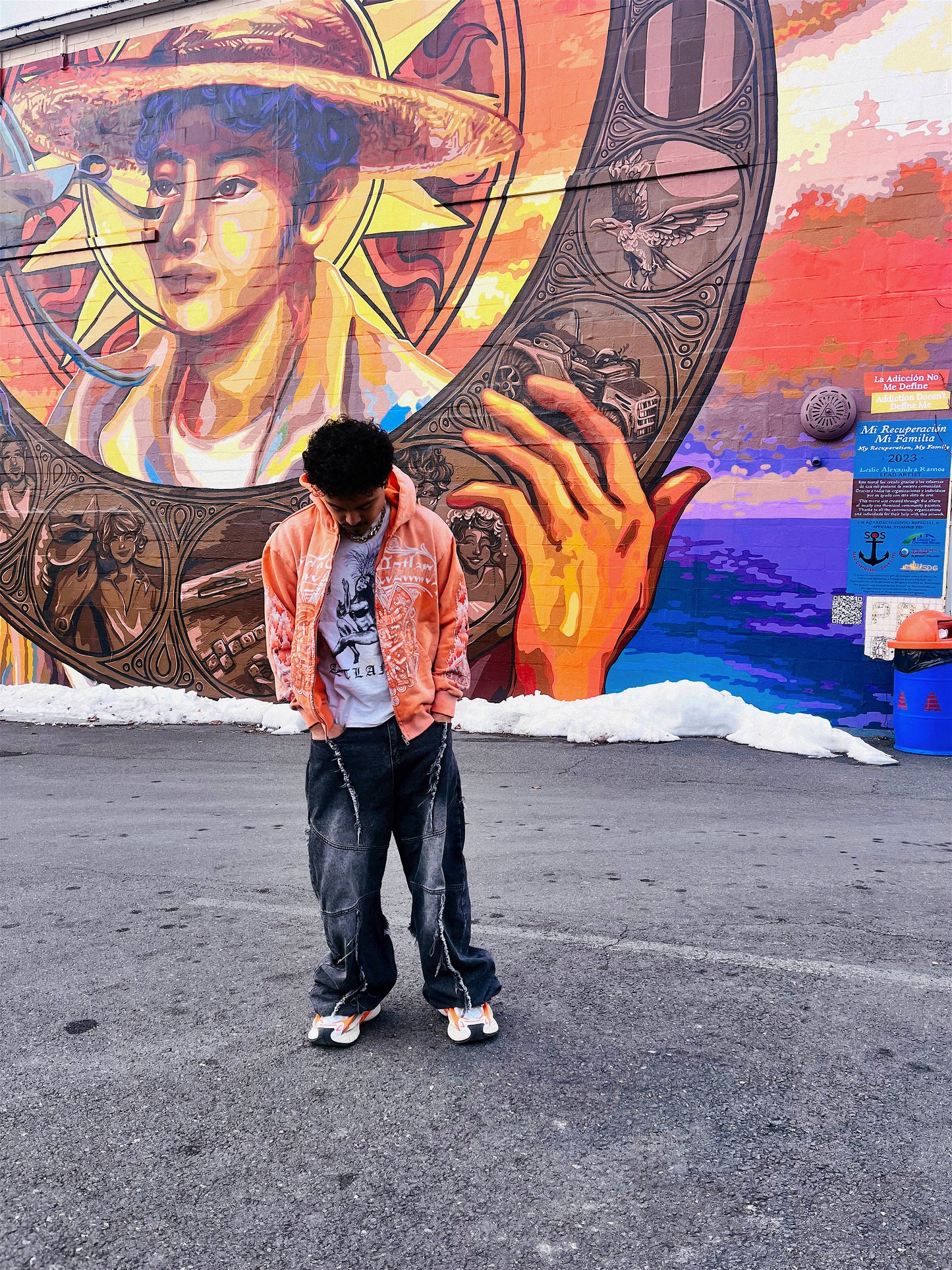 Los De Aztlan Tonatiuh Acid Wash Orange Zip Up Hoodie PREORDER