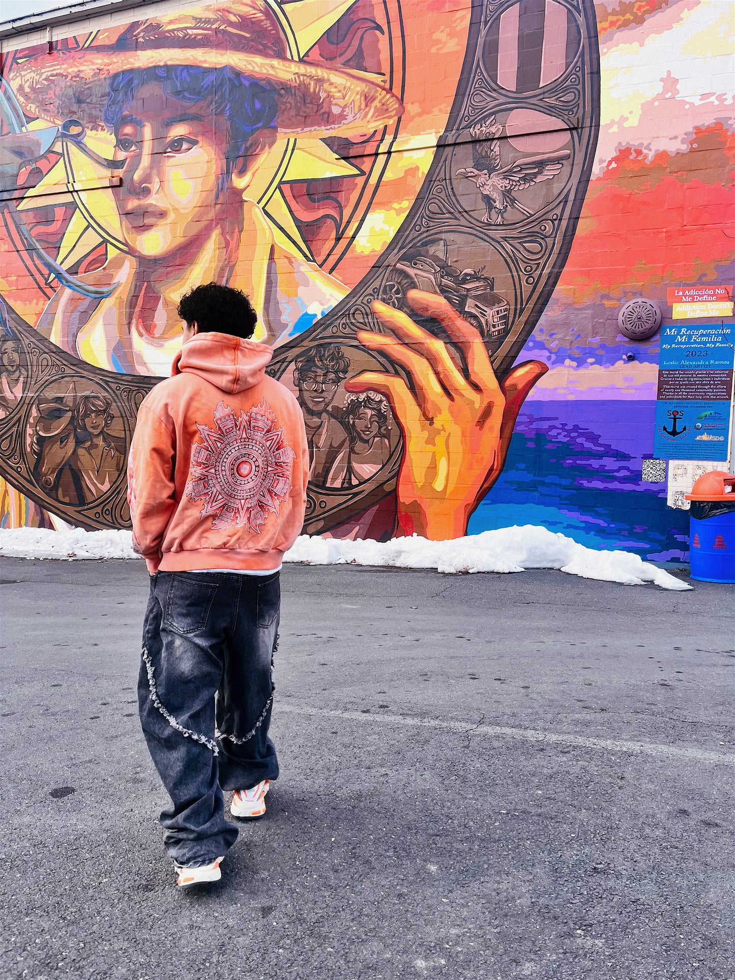 Los De Aztlan Tonatiuh Acid Wash Orange Zip Up Hoodie PREORDER