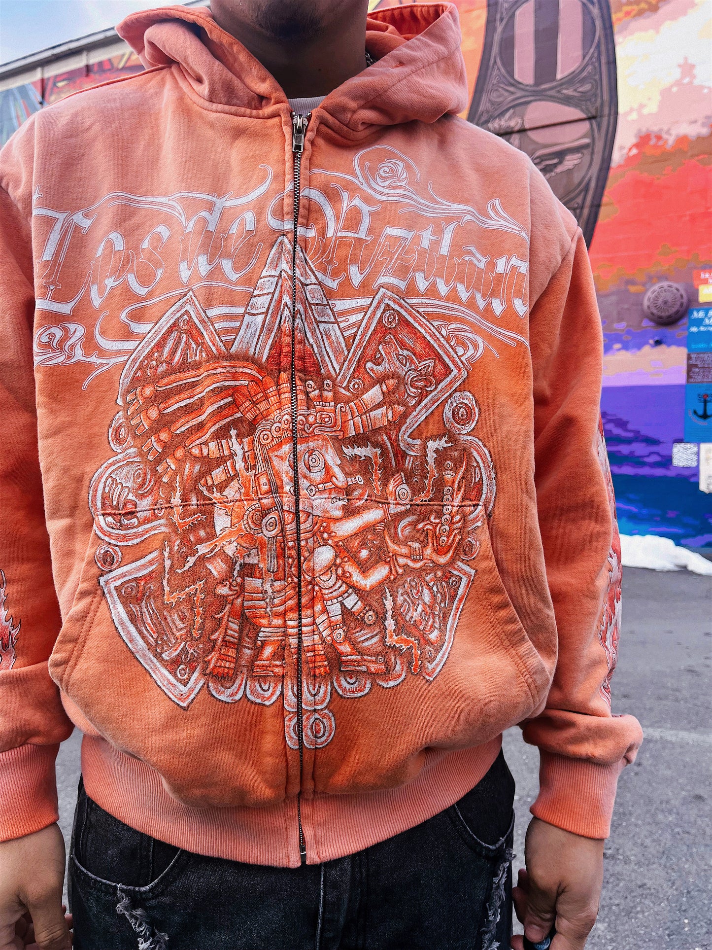 Los De Aztlan Tonatiuh Acid Wash Orange Zip Up Hoodie PREORDER