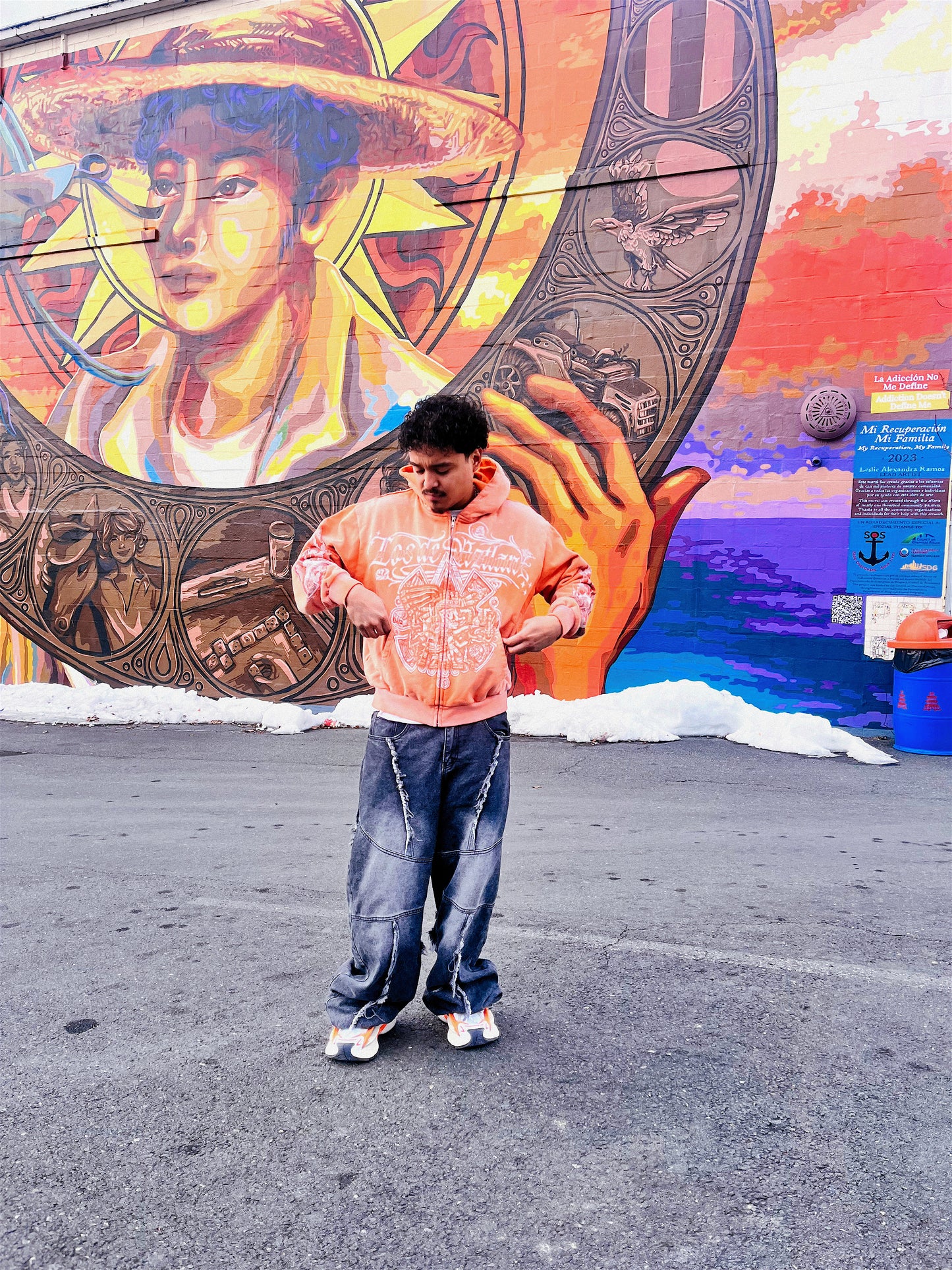 Los De Aztlan Tonatiuh Acid Wash Orange Zip Up Hoodie PREORDER