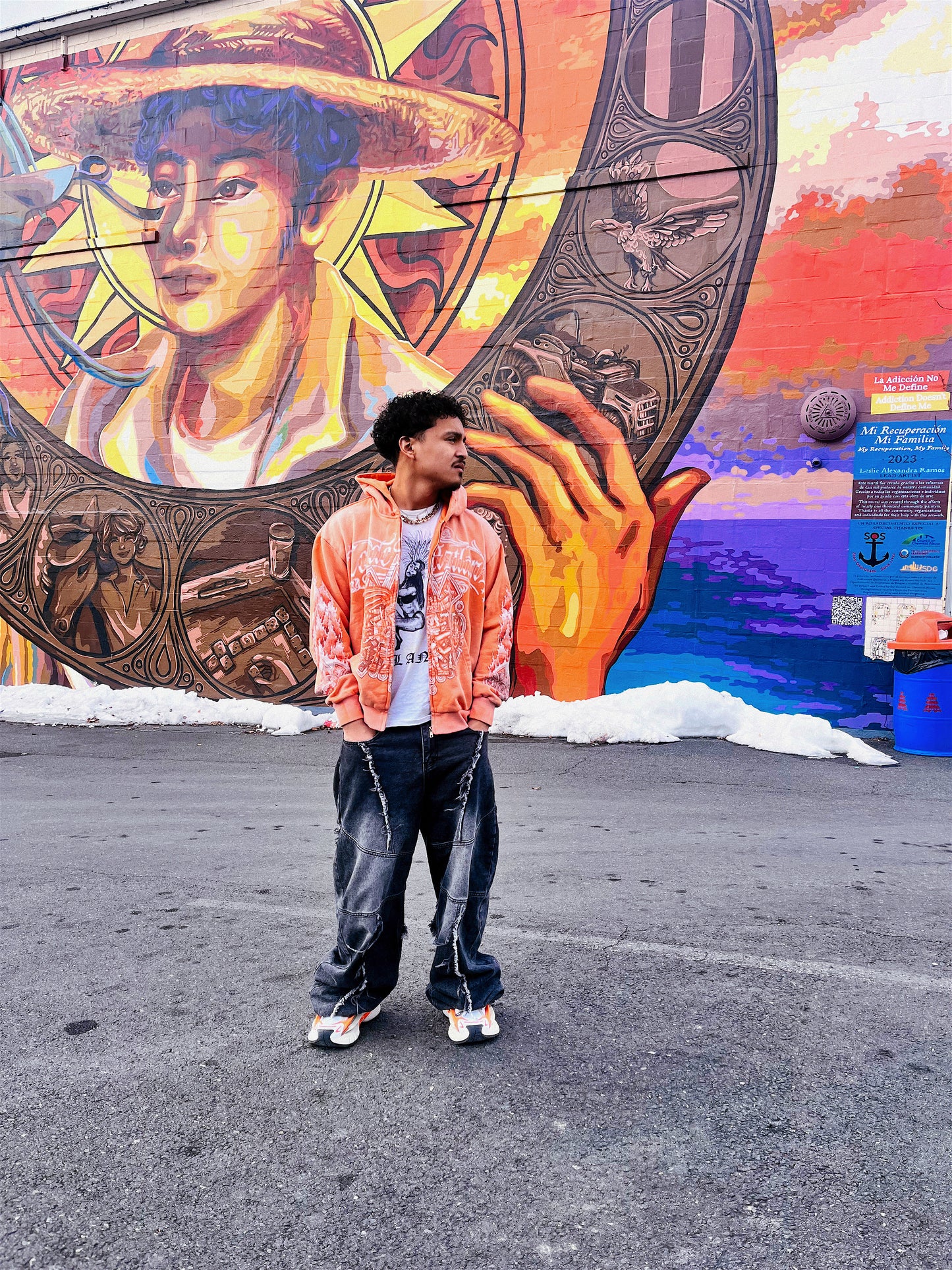 Los De Aztlan Tonatiuh Acid Wash Orange Zip Up Hoodie PREORDER