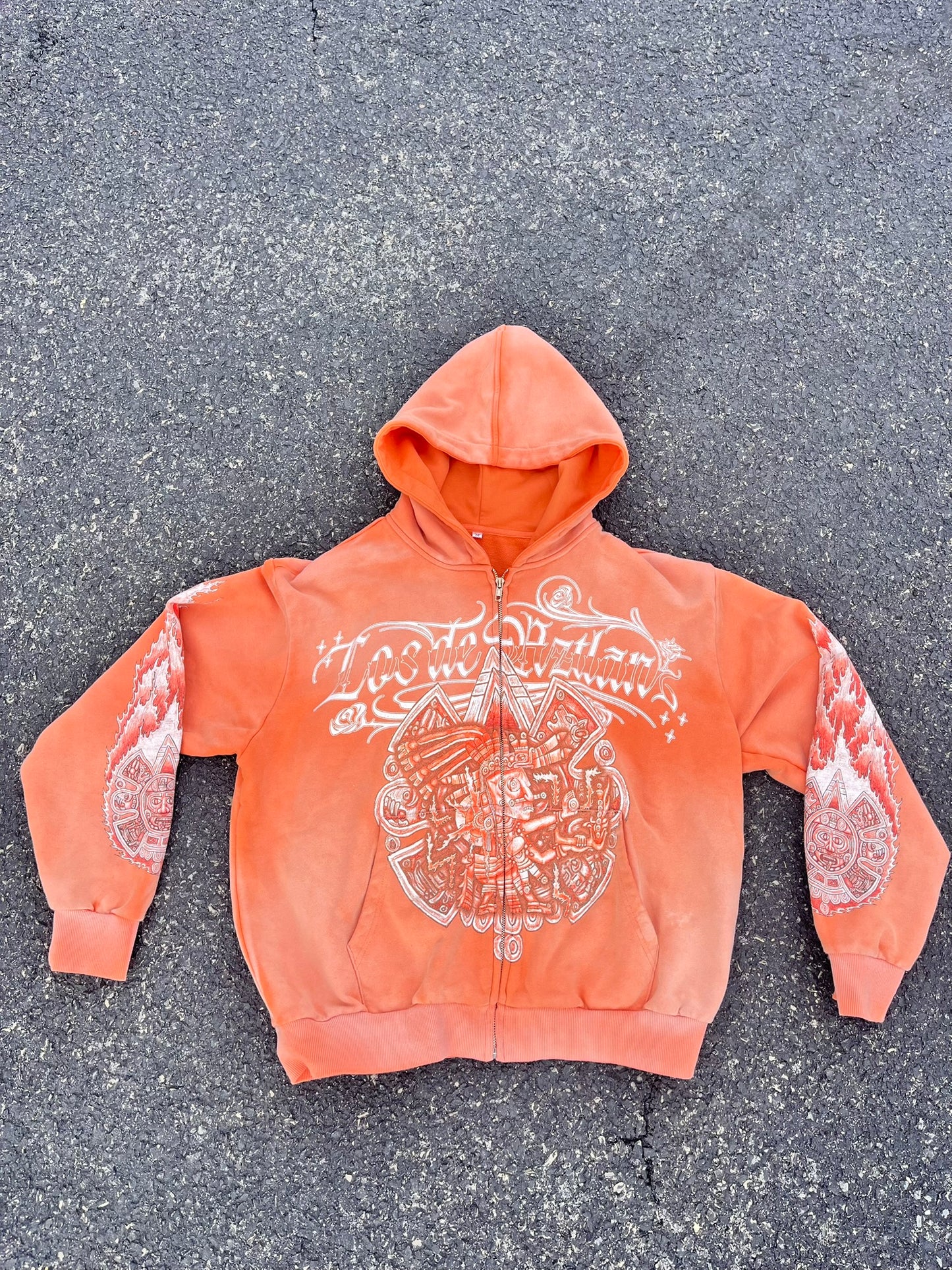 Los De Aztlan Tonatiuh Acid Wash Orange Zip Up Hoodie PREORDER