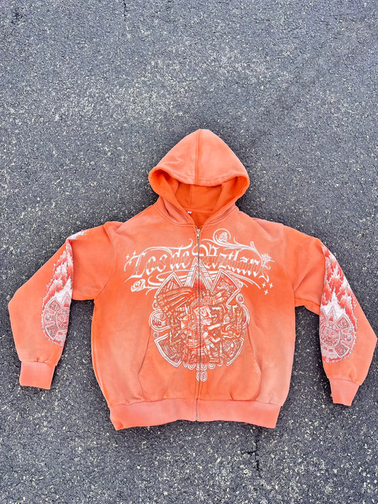 Los De Aztlan Tonatiuh Acid Wash Orange Zip Up Hoodie PREORDER