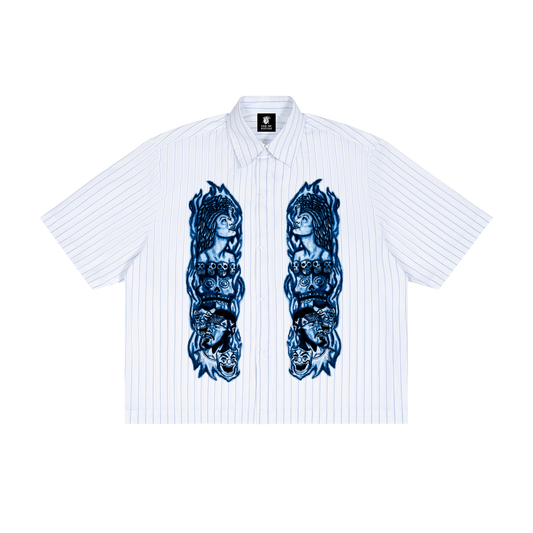 Los De Aztlan Fired Up Striped Boxy Button-Up Shirt